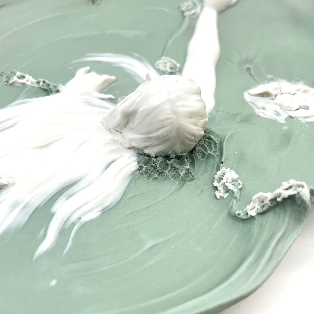 Art Nouveau Ceramic Maiden Lily Pad Tray Sage Green White Sculptural Relief 8.5